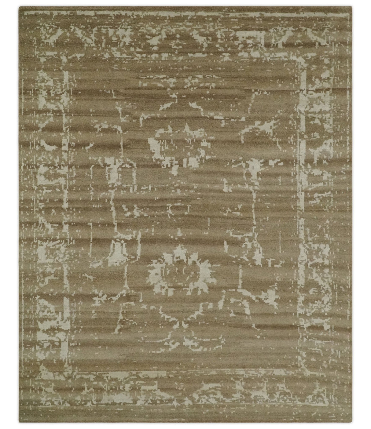Custom Made Neutral Earthy Brown and Beige Chic Hand Knotted Natural Wool Minimal Area rug