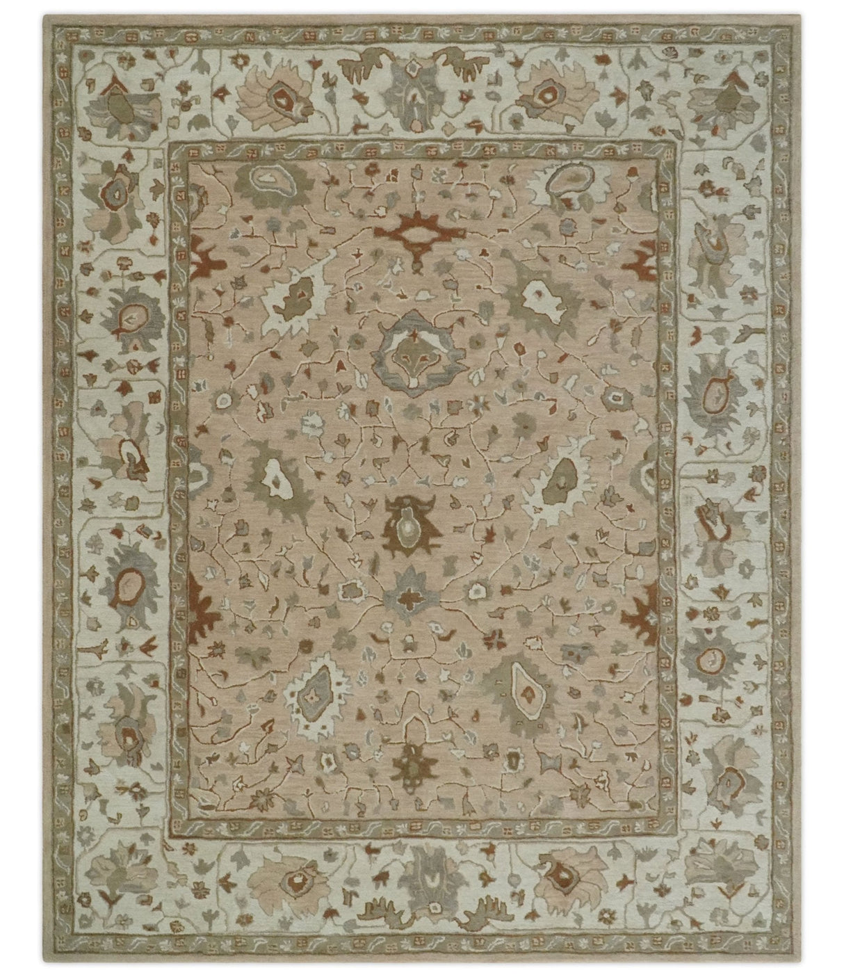 Custom Made Oushak Design Tufted Peach, Ivory and Olive Traditional Rug