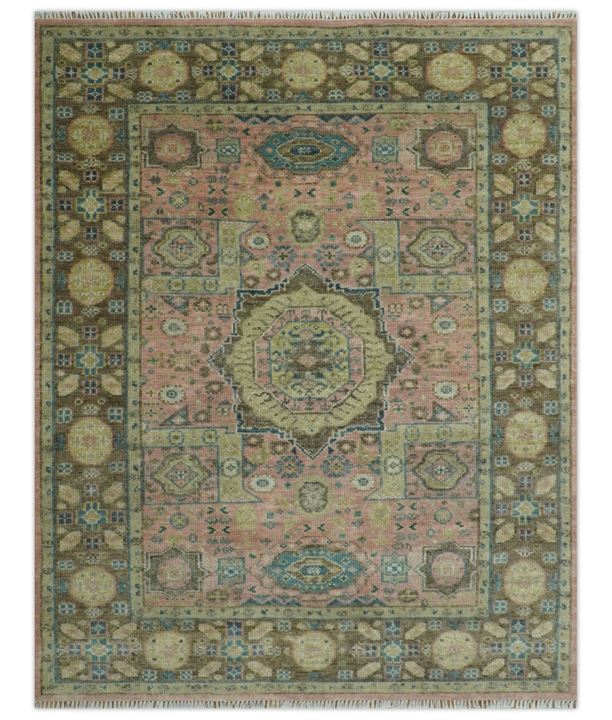 Custom Made Pink, Beige and Olive Hand knotted Medallion Mamluk Multi Size wool Area Rug