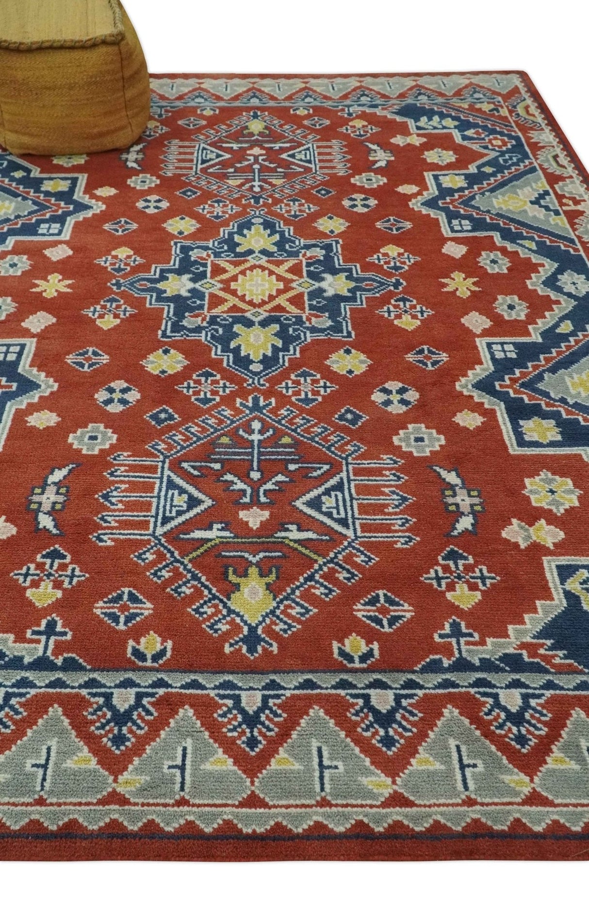 Custom Made Red, Blue, Gray and Mustard Traditional Hand knotted wool Area Rug