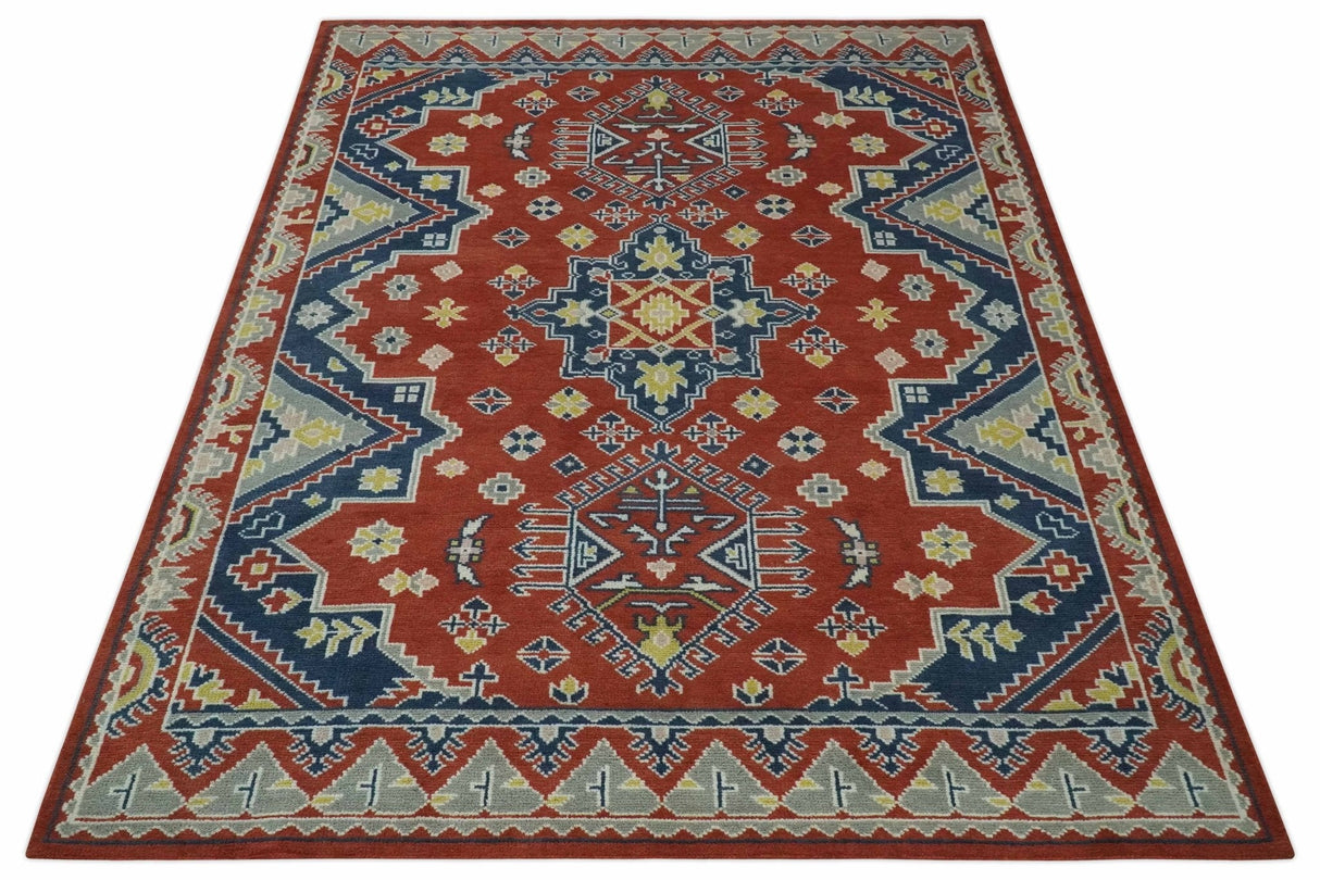 Custom Made Red, Blue, Gray and Mustard Traditional Hand knotted wool Area Rug