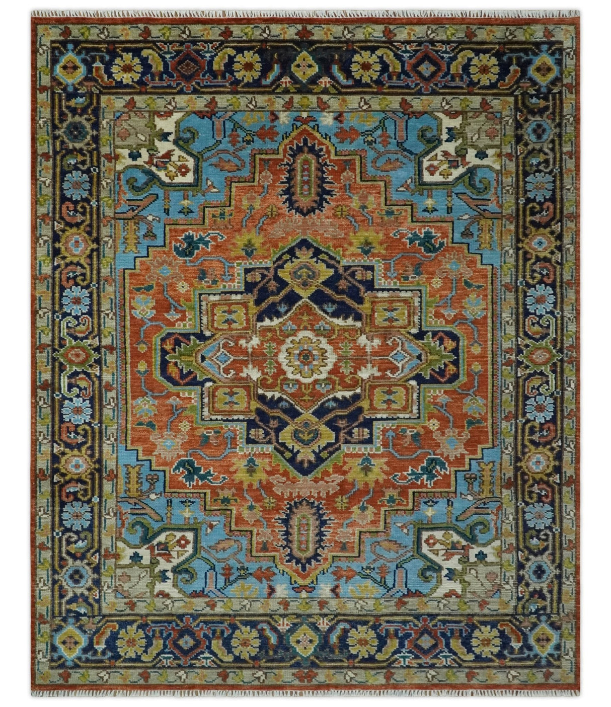 Custom Made Rust and Blue Traditional Medallion Hand Knotted Wool Area Rug