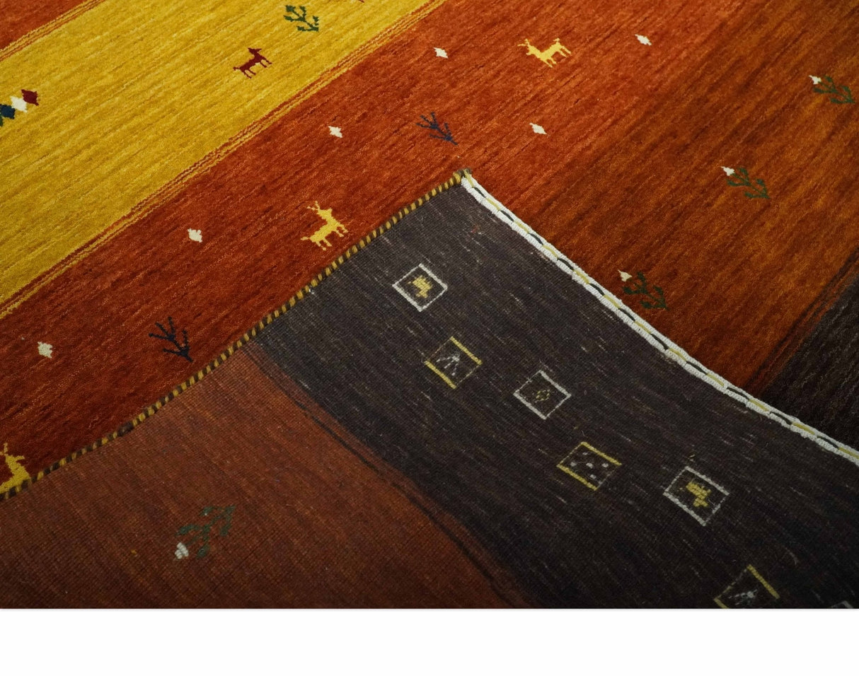 Custom Made Rust, Brown, Gold and Charcoal Geometrical Stripes Design wool area rug