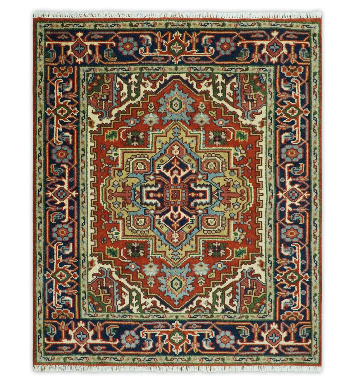 Custom Made Rust, Mustard, Ivory and Blue Hand Knotted Traditional Wool Area Rug