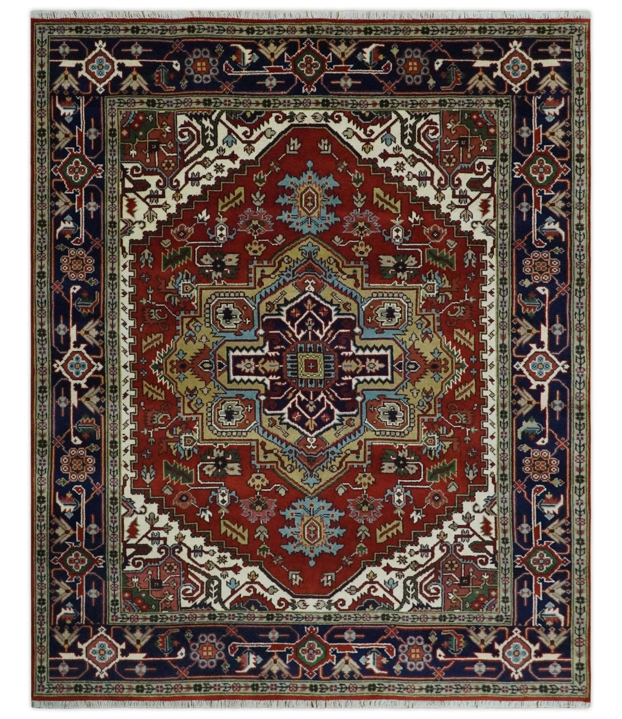 Custom Made Rust, Mustard, Ivory and Blue Hand Knotted Traditional Wool Area Rug