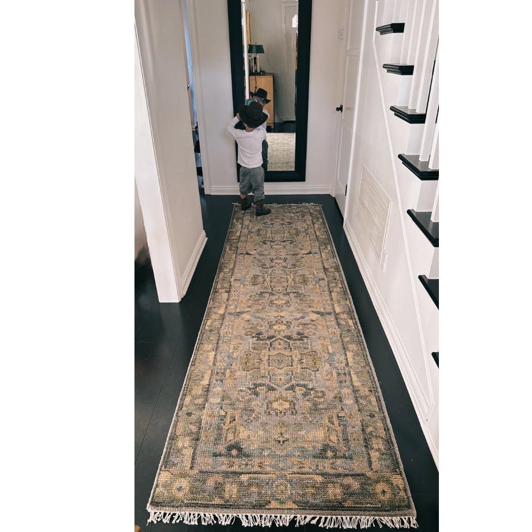 Custom Made Silver, Moss Green and Blue Heriz Traditional wool Area Rug