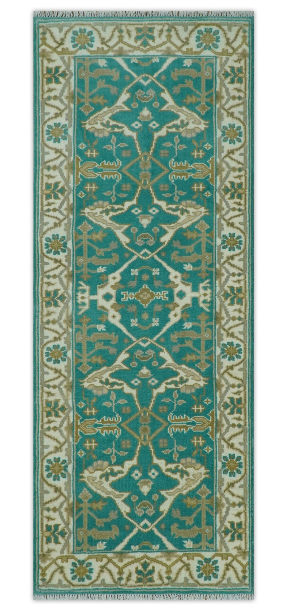 Custom Made Teal and Ivory Hand knotted Oriental Oushak Multi Size wool Area Rug