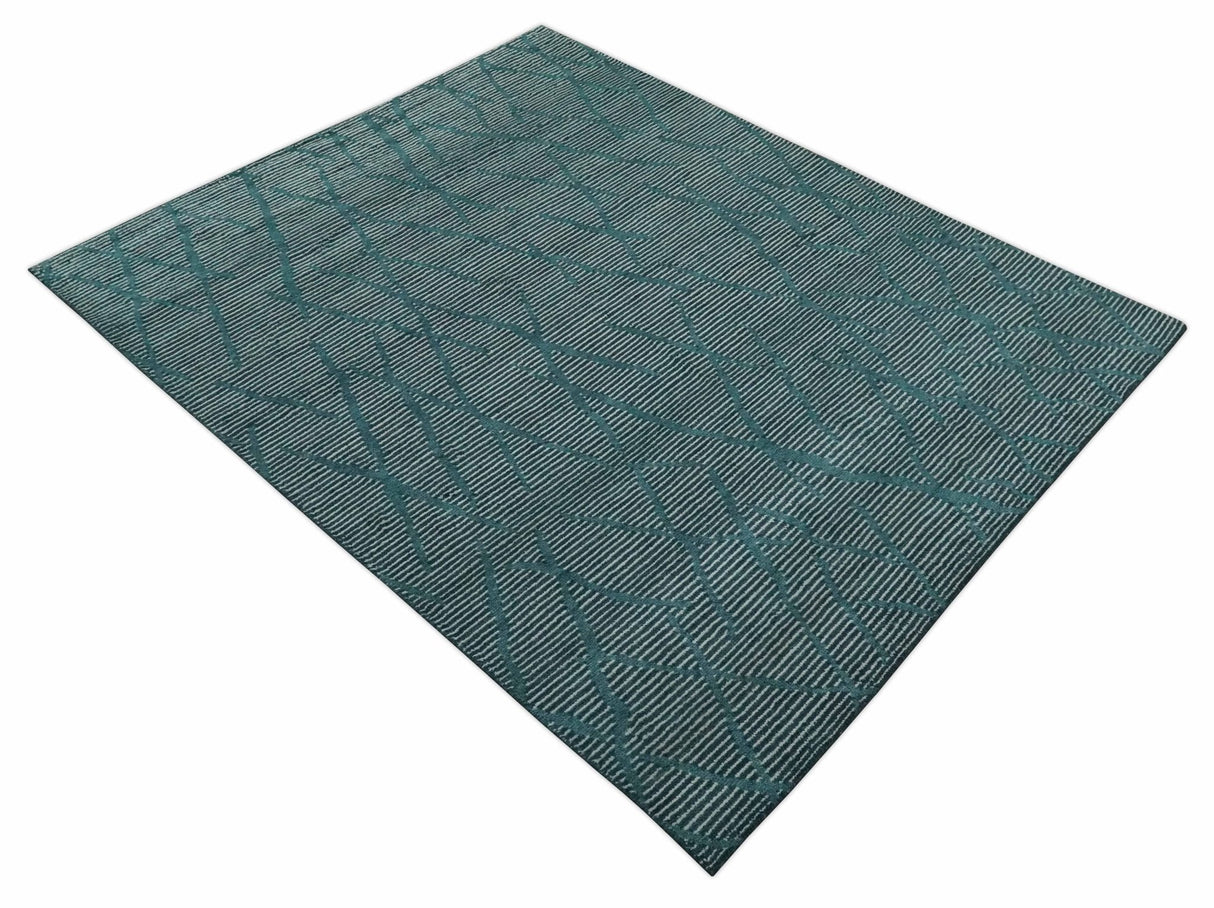 Custom Made Teal and Ivory Modern Stripes Design Hand Knotted wool Area Rug