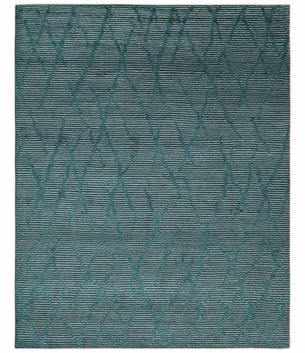 Custom Made Teal and Ivory Modern Stripes Design Hand Knotted wool Area Rug