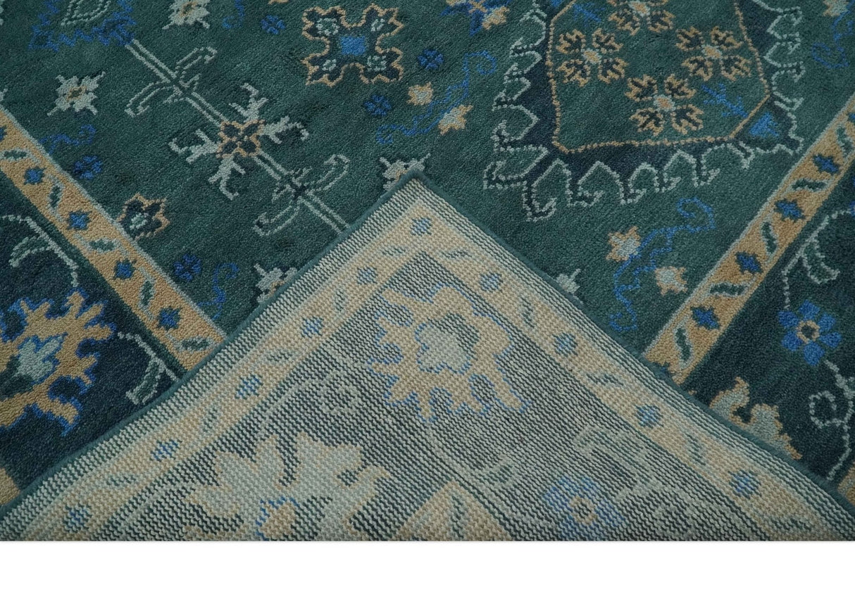 Custom Made Teal, Blue, Peach and Silver Hand Knotted Traditional Heriz wool Area Rug