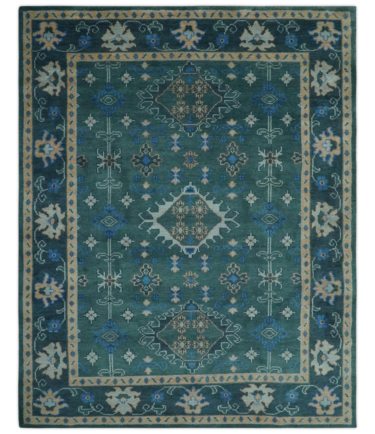 Custom Made Teal, Blue, Peach and Silver Hand Knotted Traditional Heriz wool Area Rug