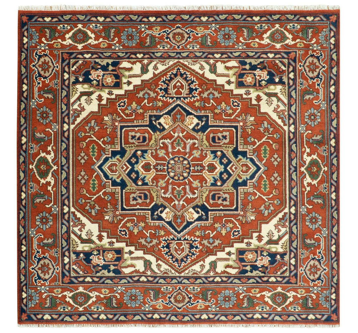 Custom Made Traditional Brown, Ivory and Blue Hand knotted Multi Size wool Area Rug
