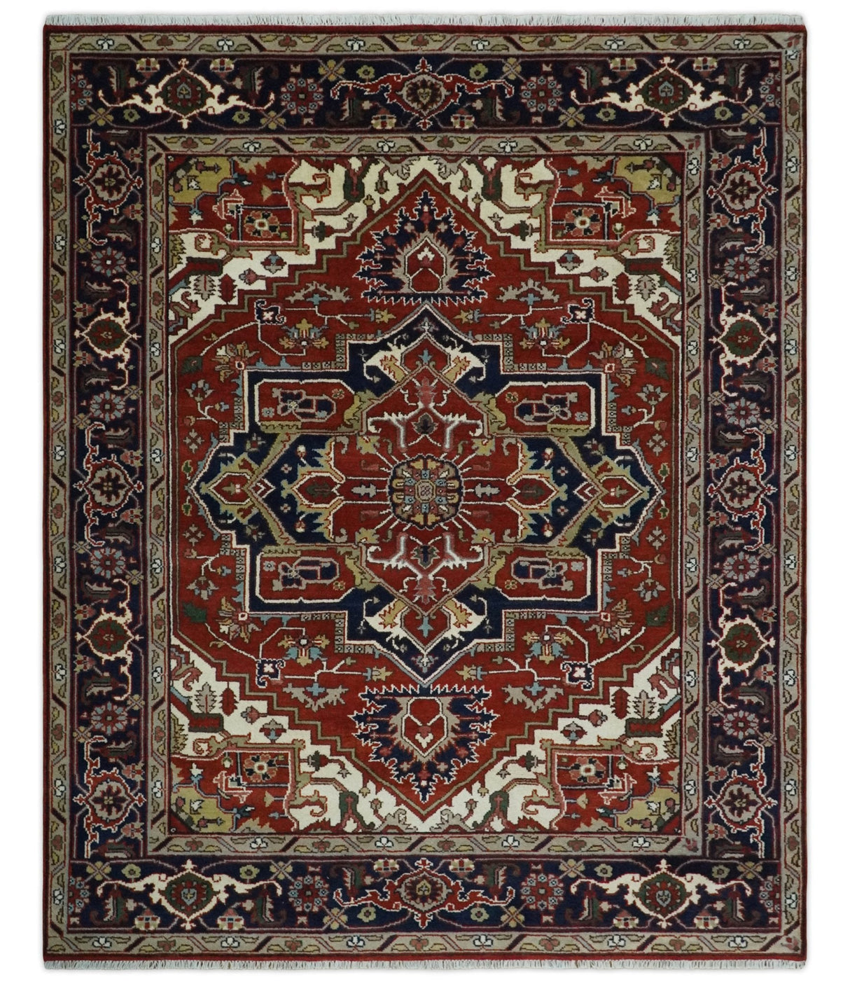 Custom Made Traditional Brown, Ivory and Blue Hand knotted Multi Size wool Area Rug