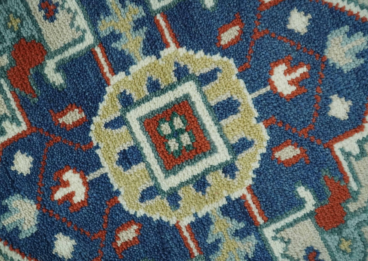 Custom Made Traditional Rust, Ivory and Blue Heriz Medallion Wool Area Rug