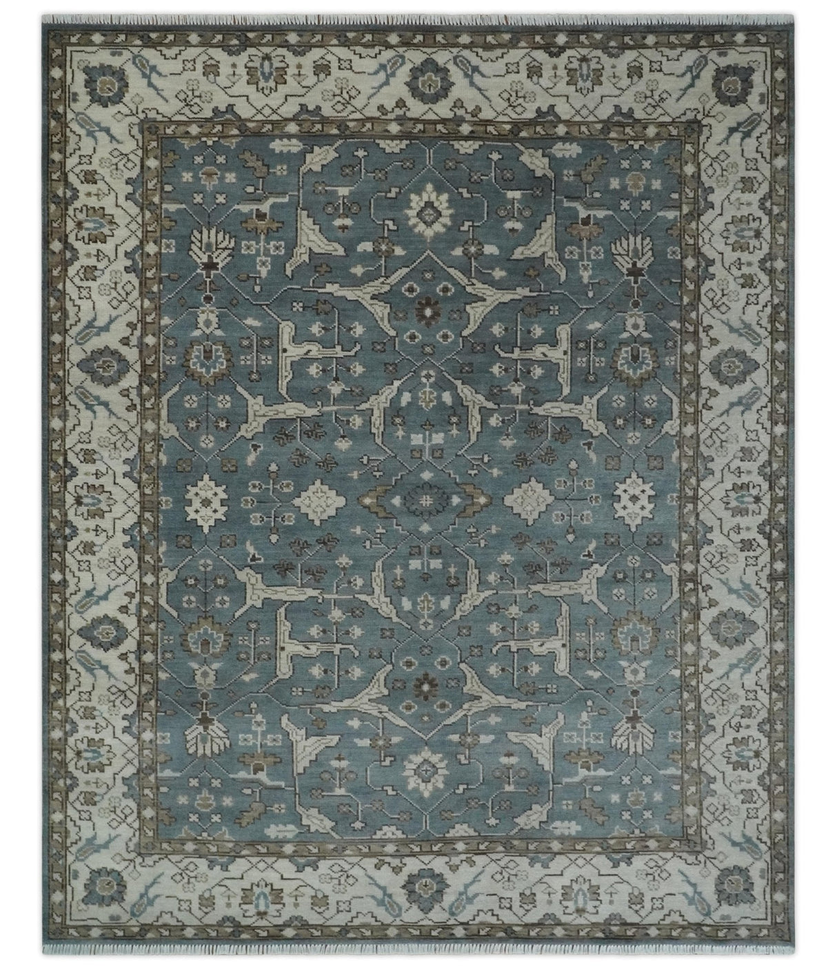 Custom Made Traditional Hand Knotted Blue, Ivory and Brown Oriental Oushak wool Area Rug