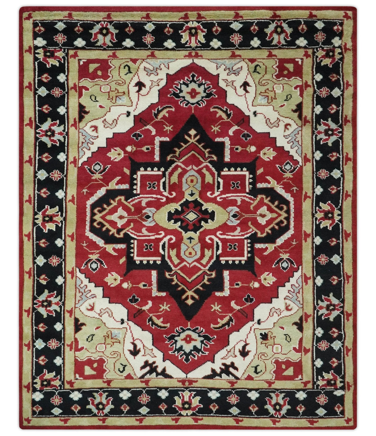 Custom Made Traditional Heriz Maroon, Olive and Black Floral Hand Knotted wool Rug
