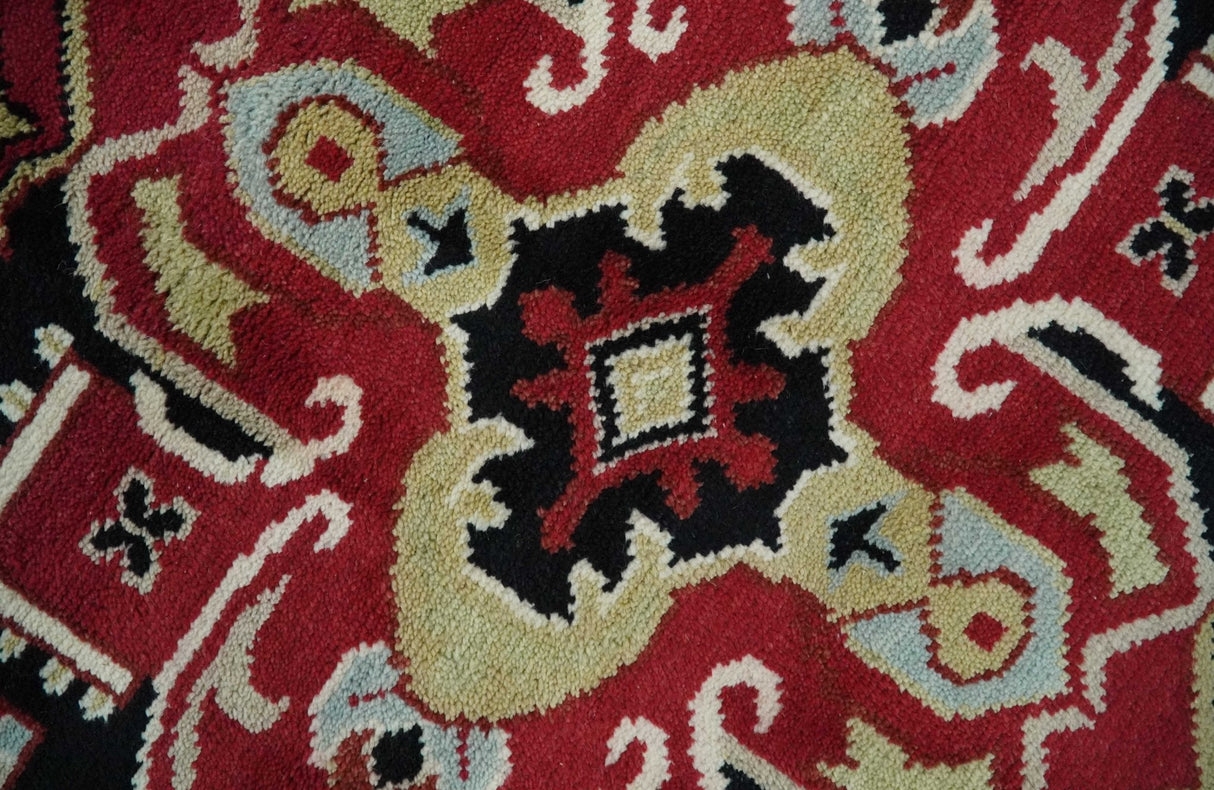 Custom Made Traditional Heriz Maroon, Olive and Black Floral Hand Knotted wool Rug