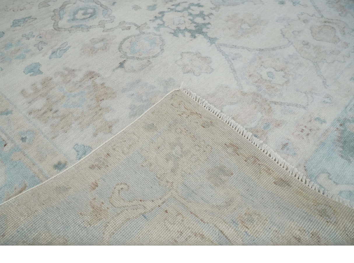 Custom Made Traditional Ivory and Silver Antique Style Oushak Hand knotted Wool Area Rug