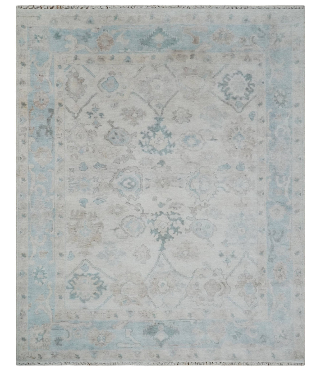 Custom Made Traditional Ivory and Silver Antique Style Oushak Hand knotted Wool Area Rug