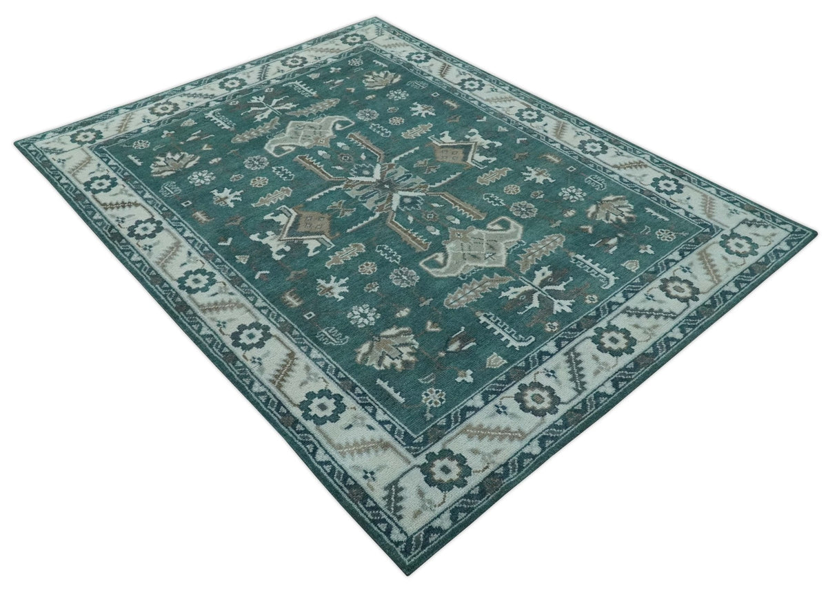 Custom Made Traditional Mamluk Design Teal, Ivory and Brown Hand Knotted wool Area Rug