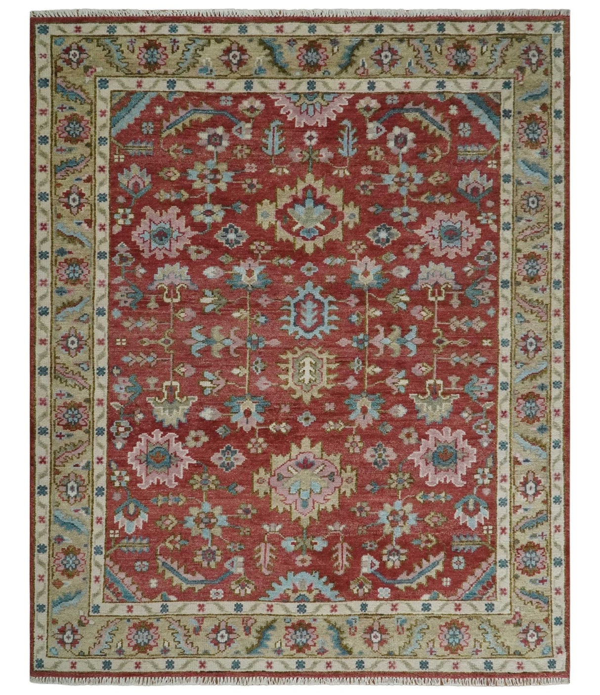 Custom Made Traditional Oushak Rust, Beige and Teal Hand knotted wool Area Rug