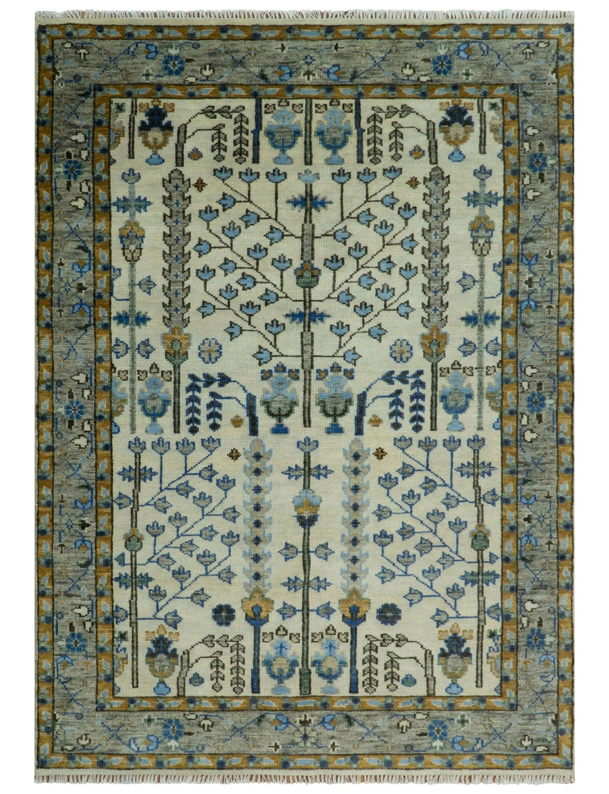 Custom Made Tree of life Hand Knotted Antique Ivory, Blue and Gray Traditional Oushak Wool area Rug