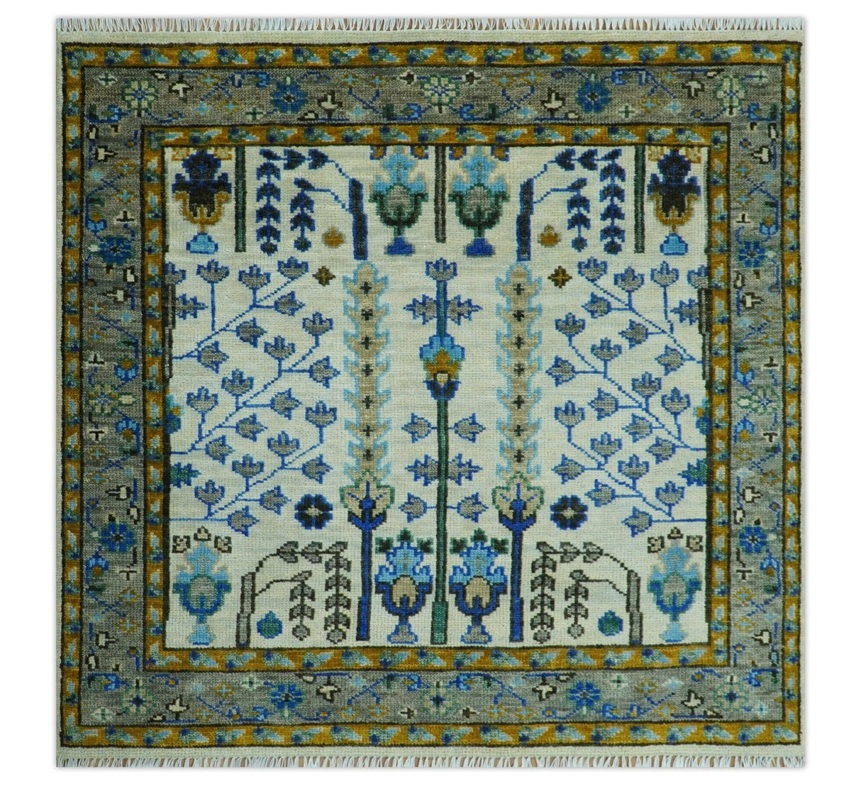 Custom Made Tree of life Hand Knotted Antique Ivory, Blue and Gray Traditional Oushak Wool area Rug