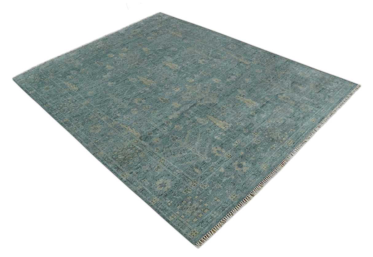 Custom Made Tree of Life Hand Knotted Teal and Beige Traditional Oushak Wool Area Rug