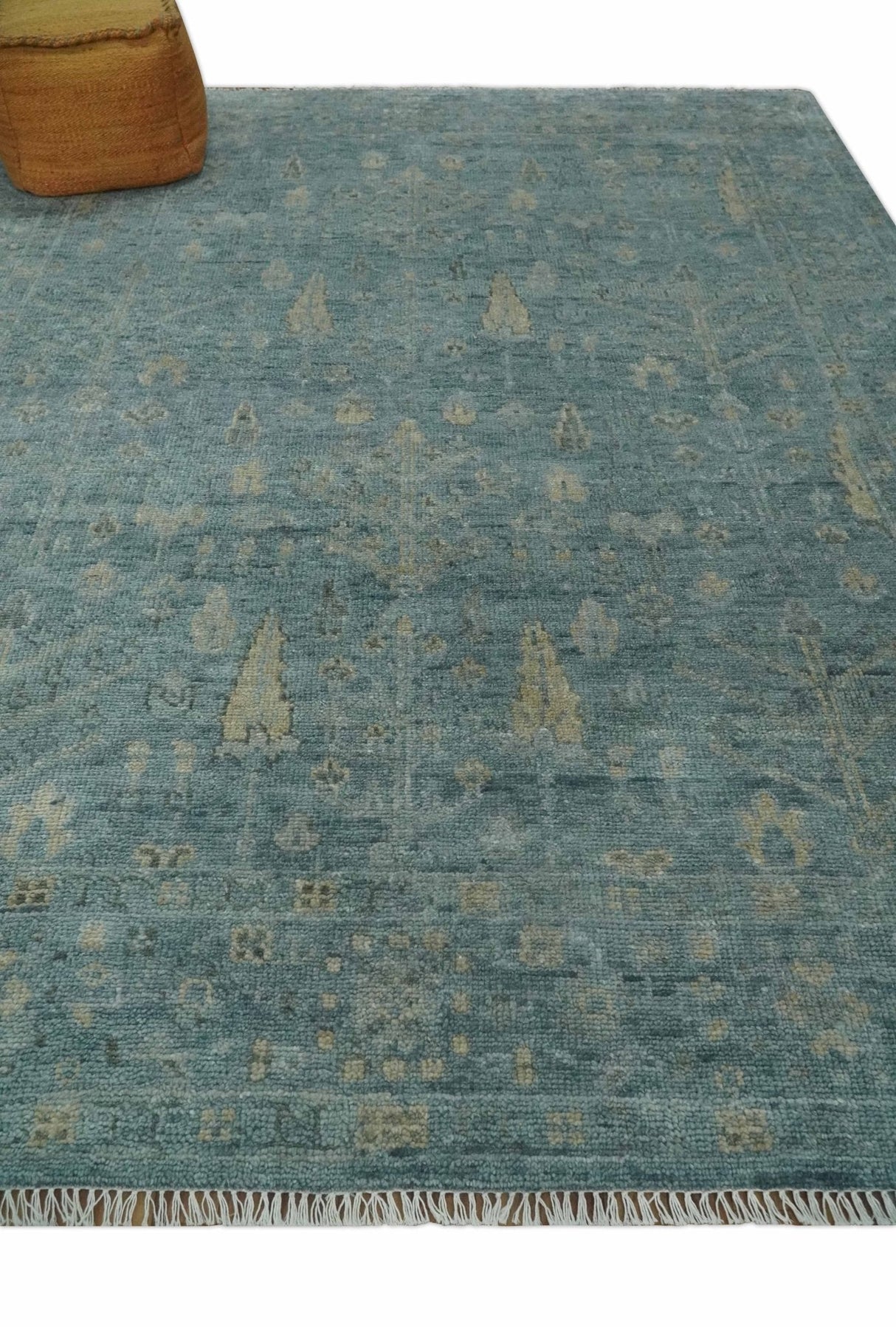 Custom Made Tree of Life Hand Knotted Teal and Beige Traditional Oushak Wool Area Rug