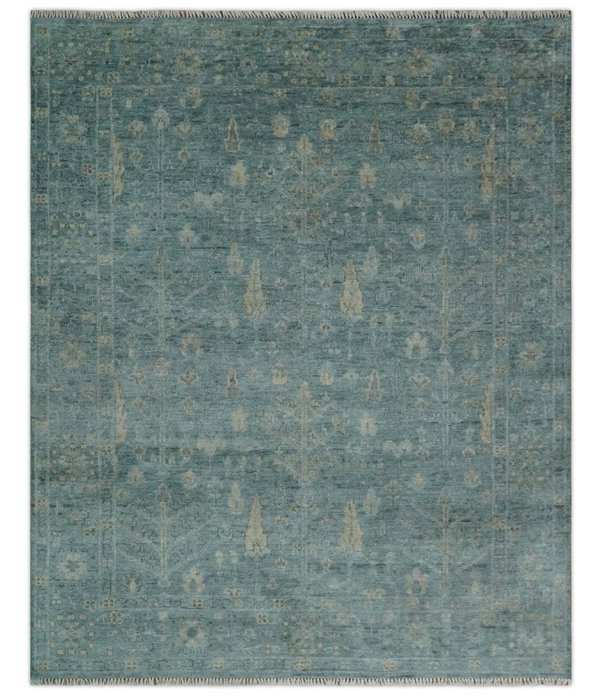 Custom Made Tree of Life Hand Knotted Teal and Beige Traditional Oushak Wool Area Rug