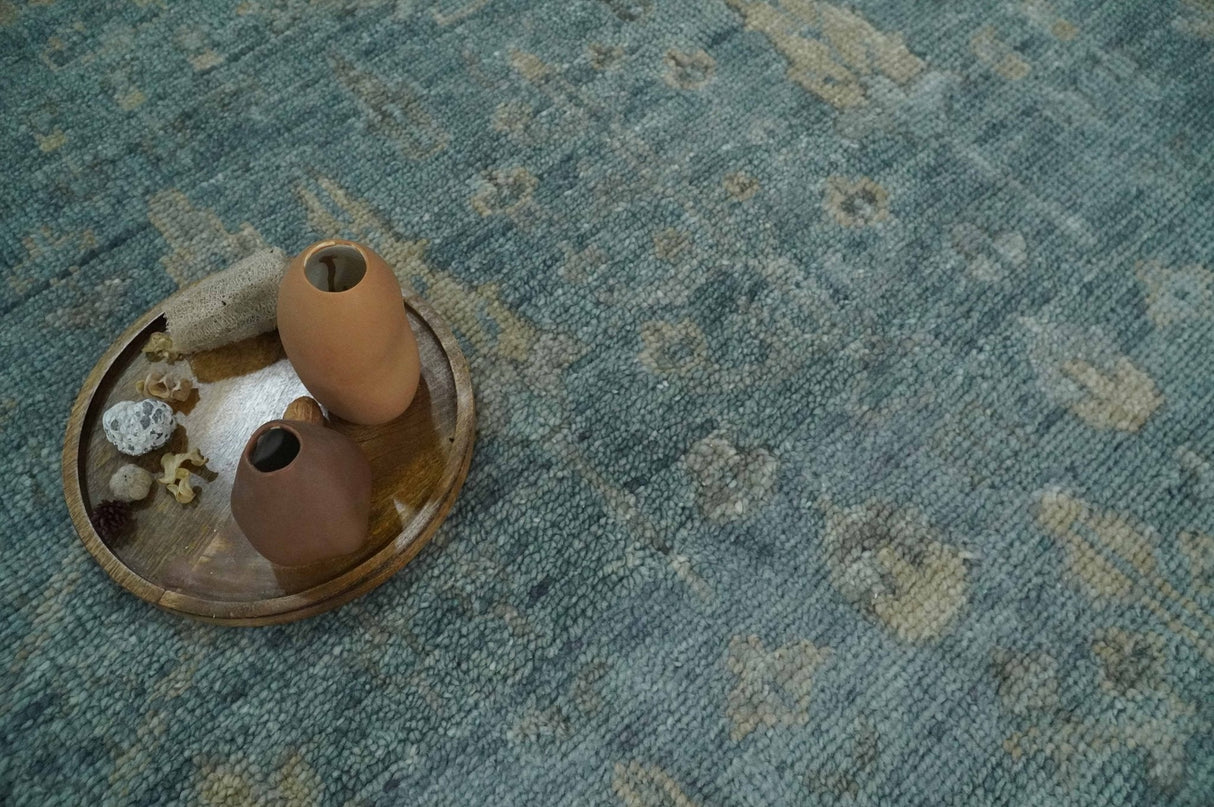 Custom Made Tree of Life Hand Knotted Teal and Beige Traditional Oushak Wool Area Rug