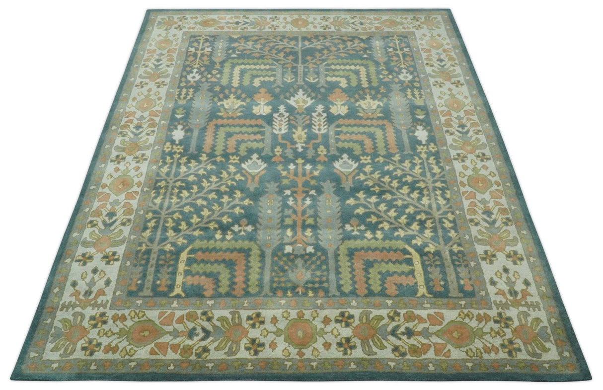Custom Made Tree of life Traditional Teal, Silver, Green and Dark Peach wool Rug