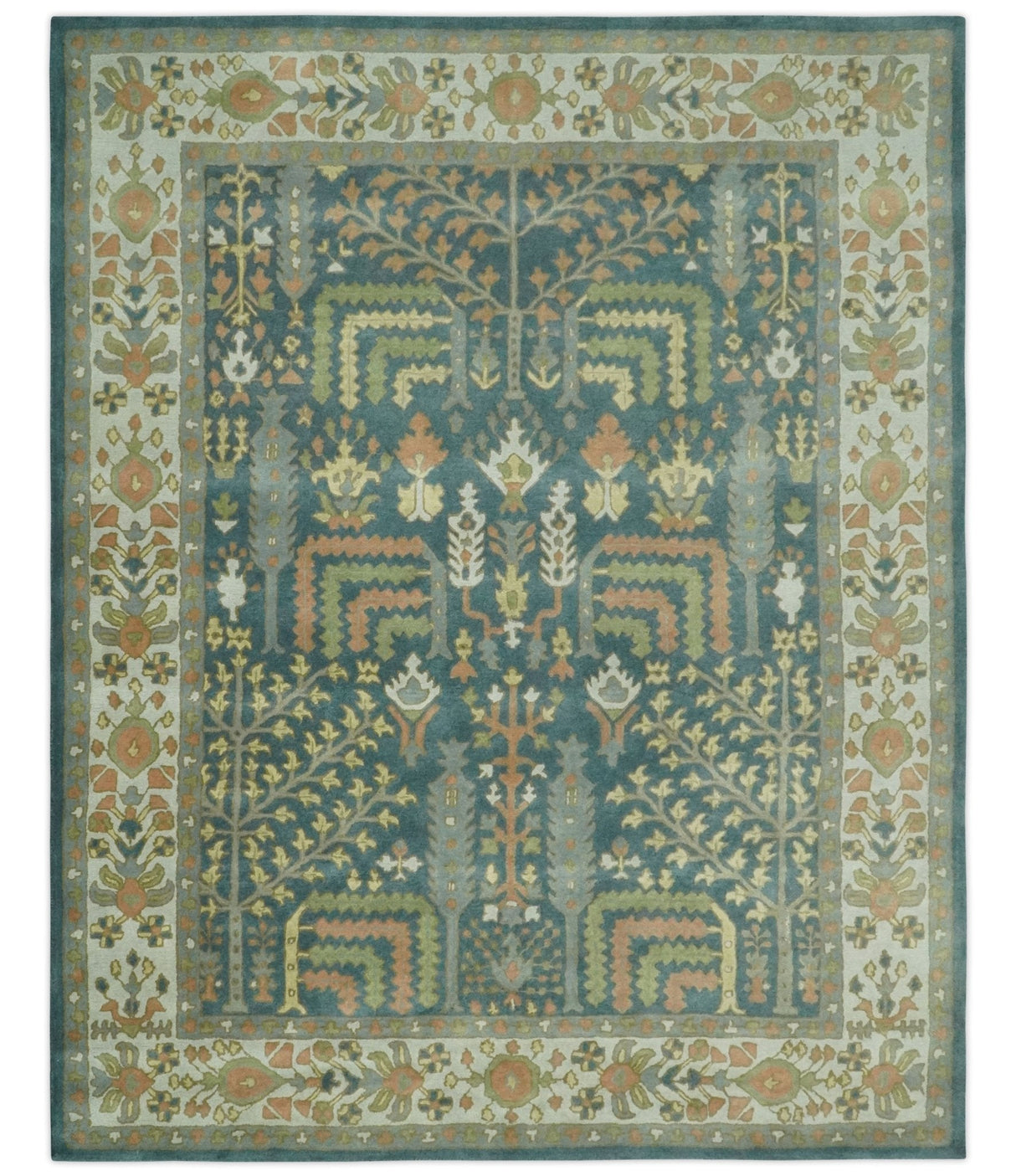 Custom Made Tree of life Traditional Teal, Silver, Green and Dark Peach wool Rug