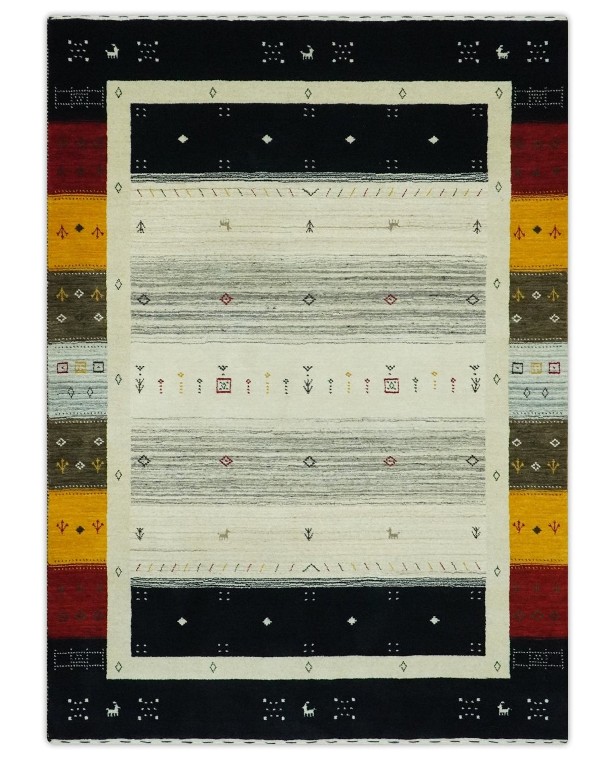 Custom Made Tribal Gabbeh Ivory, Black, Gold and Maroon Stripes design Traditional Wool Area Rug