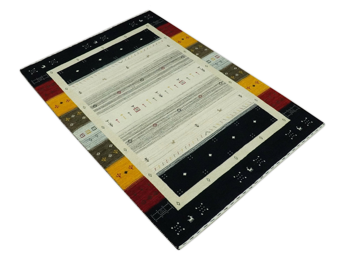 Custom Made Tribal Gabbeh Ivory, Black, Gold and Maroon Stripes design Traditional Wool Area Rug