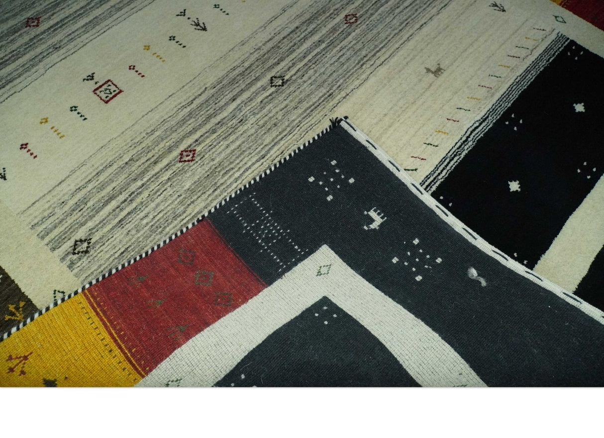 Custom Made Tribal Gabbeh Ivory, Black, Gold and Maroon Stripes design Traditional Wool Area Rug