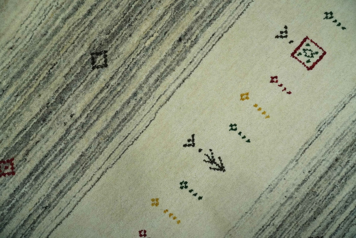 Custom Made Tribal Gabbeh Ivory, Black, Gold and Maroon Stripes design Traditional Wool Area Rug