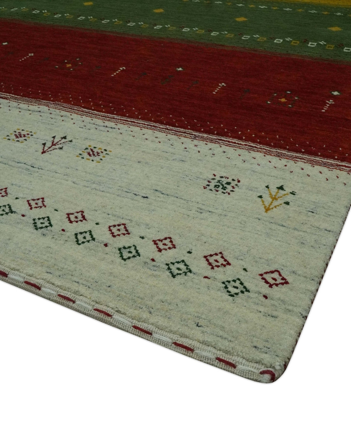Custom Made Tribal Gabbeh Ivory, Gold, Green and Maroon Geometrical Stripes Design Wool area Rug
