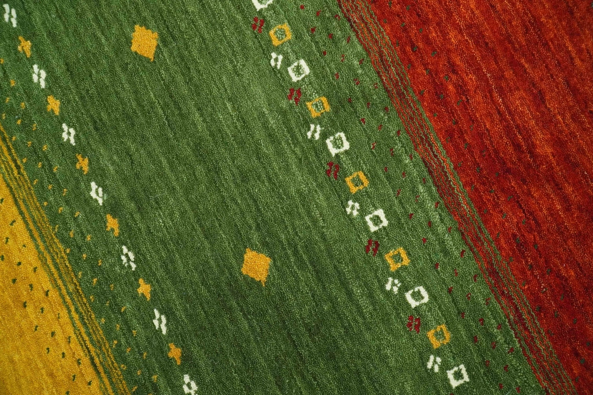 Custom Made Tribal Gabbeh Ivory, Gold, Green and Maroon Geometrical Stripes Design Wool area Rug