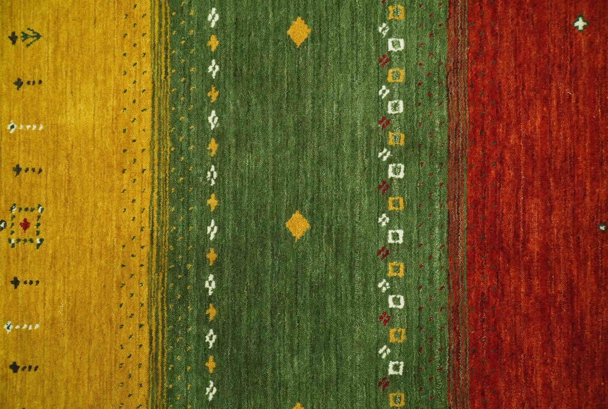 Custom Made Tribal Gabbeh Ivory, Gold, Green and Maroon Geometrical Stripes Design Wool area Rug