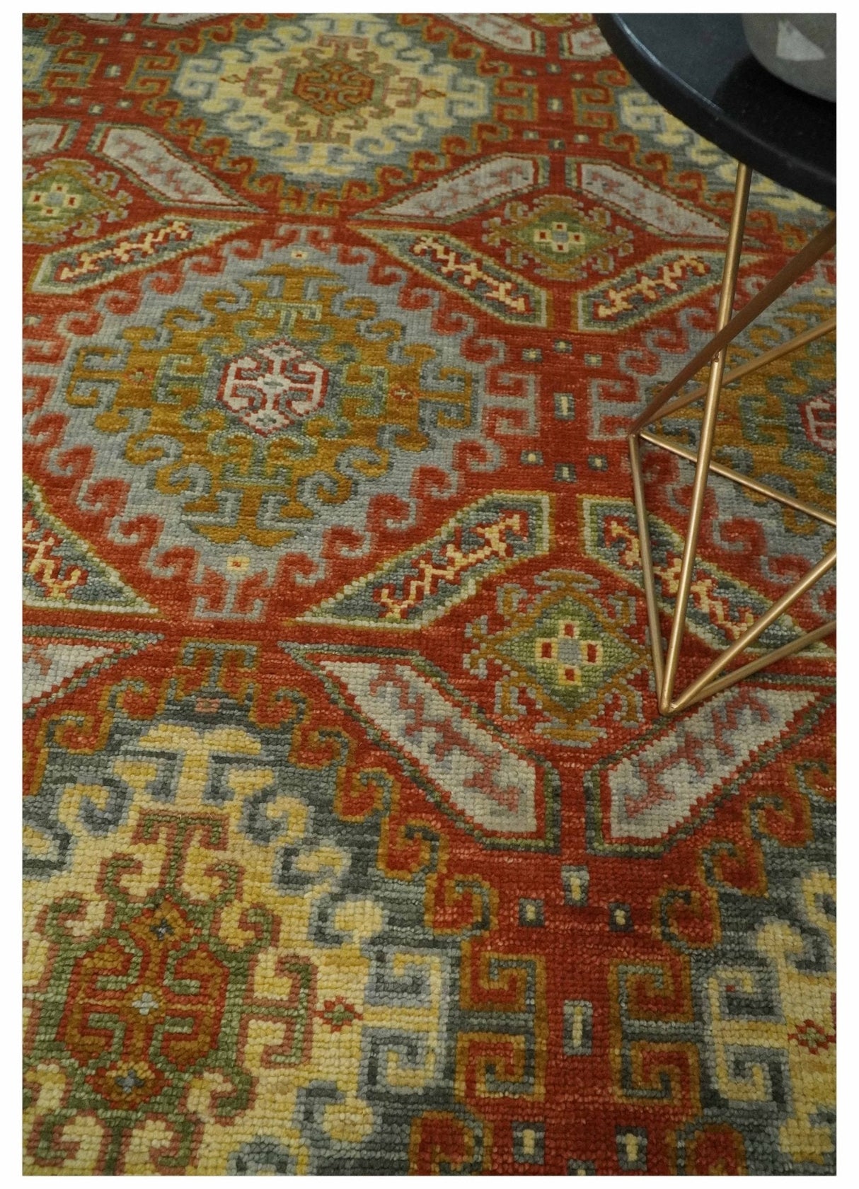 Custom Made Tribal Motifs Hand Knotted Rust, Gold and Blue Oriental Traditional Wool Area Rug