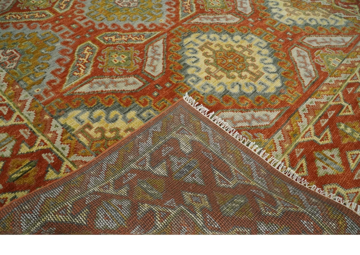 Custom Made Tribal Motifs Hand Knotted Rust, Gold and Blue Oriental Traditional Wool Area Rug