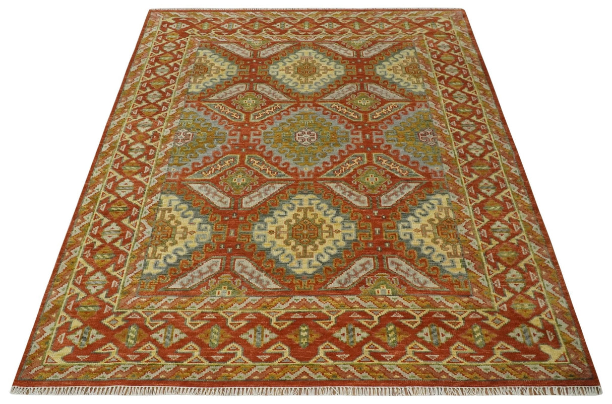 Custom Made Tribal Motifs Hand Knotted Rust, Gold and Blue Oriental Traditional Wool Area Rug
