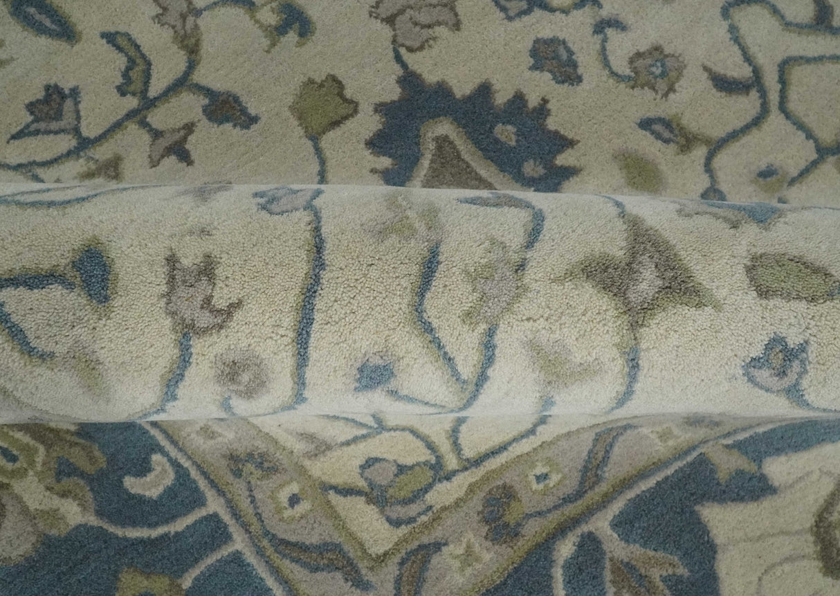 Custom Made Tufted Beige and Blue Traditional Wool Oushak Rug