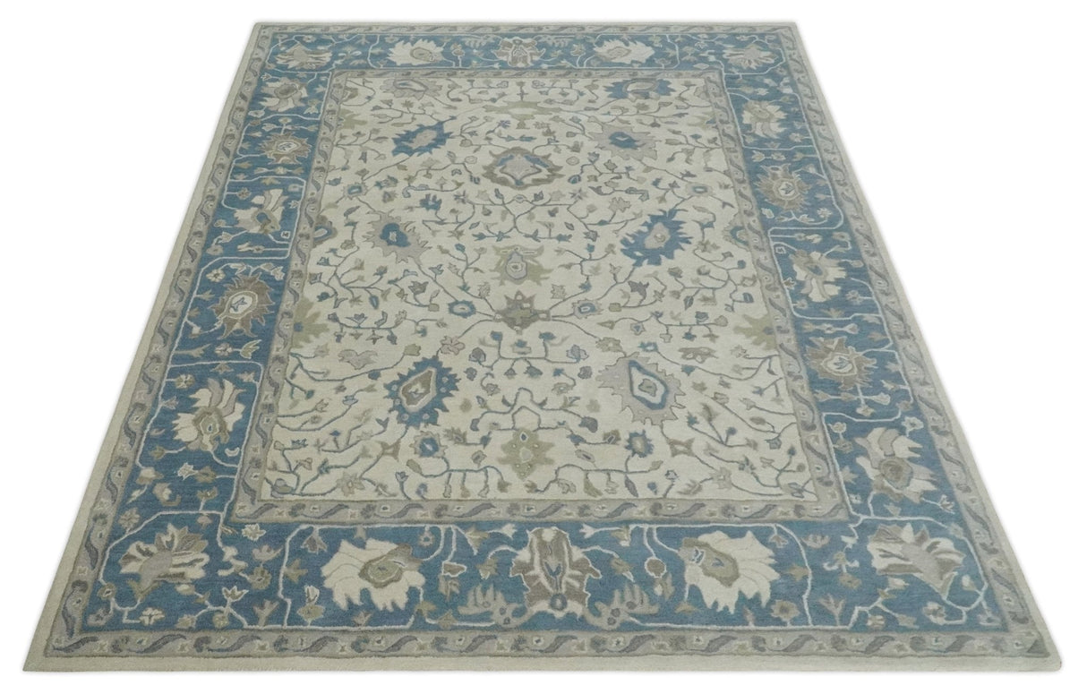 Custom Made Tufted Beige and Blue Traditional Wool Oushak Rug