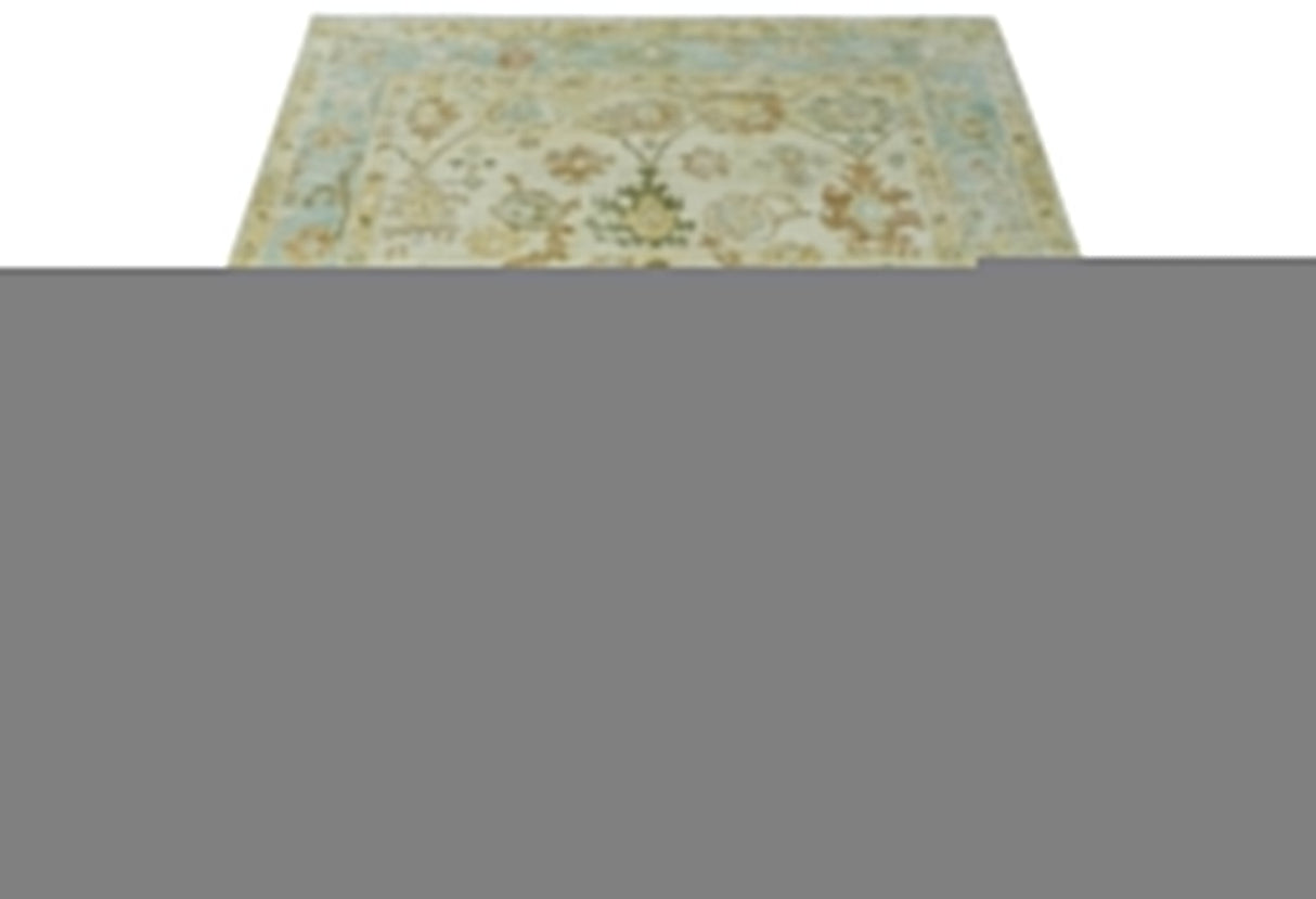 Custom Made Antique Finish Hand Knotted Beige and Silver Multi Size Oushak Wool Area Rug