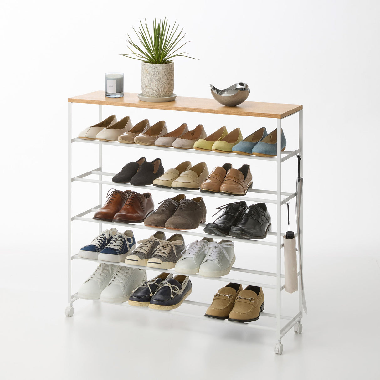 Rolling Five-Tier Shoe Rack (34.25" H) - Steel + Wood