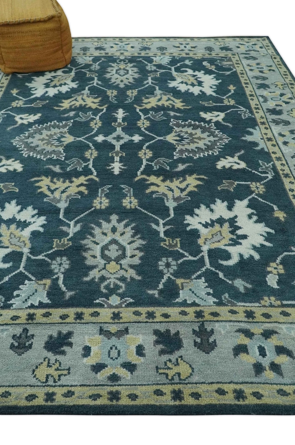 Dark Teal, Silver, Blue and Ivory Hand Knotted Traditional Oushak Multi Size Area Rug