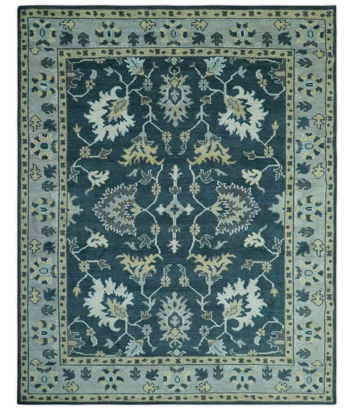 Dark Teal, Silver, Blue and Ivory Hand Knotted Traditional Oushak Multi Size Area Rug