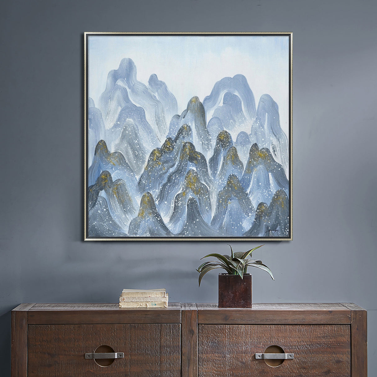 Hand Painted Acrylic Wall Art Blue Mountains on a 39 x 39 Square Canvas with a Silver Wooden Frame